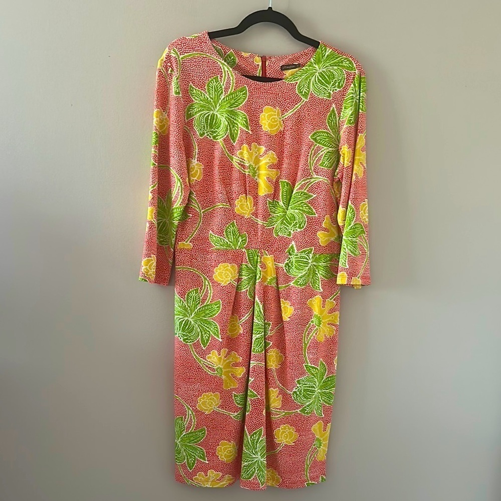 J. McLaughlin Pink Floral Long-Sleeve Dress with Green & Yellow Blooms